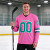 Custom Pink - Teal - White Triple Stripes Hockey Jersey – worn by a man