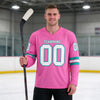 Custom Pink - White - Aqua Triple Stripes Hockey Jersey – worn by a man