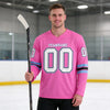 Custom Pink - White - Black - Light Blue Triple Stripes Hockey Jersey – worn by a man