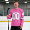 Custom Pink - White - Gray Triple Stripes Hockey Jersey – worn by a man