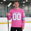 Custom Pink - White - Light Blue Triple Stripes Hockey Jersey – worn by a man