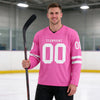 Custom Pink - White Triple Stripes Hockey Jersey – worn by a man