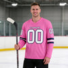 Custom Pink - White - Navy Triple Stripes Hockey Jersey – worn by a man