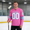 Custom Pink - White - Sky Blue Triple Stripes Hockey Jersey – worn by a man