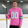 Custom Pink - White - Teal Triple Stripes Hockey Jersey – worn by a man