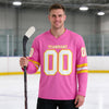 Custom Pink - White - Yellow Triple Stripes Hockey Jersey – worn by a man