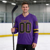 Custom Purple - Black - Old Gold Triple Stripes Hockey Jersey – worn by a man