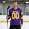 Custom Purple - Gold - White Triple Stripes Hockey Jersey – worn by a man