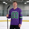 Custom Purple - Kelly Green - White Triple Stripes Hockey Jersey – worn by a man