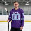 Custom Purple - Light Blue - White Triple Stripes Hockey Jersey – worn by a man