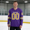 Custom Purple - Old Gold - White Triple Stripes Hockey Jersey – worn by a man