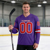 Custom Purple - Red - White Triple Stripes Hockey Jersey – worn by a man