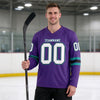 Custom Purple - White - Black - Teal Triple Stripes Hockey Jersey – worn by a man