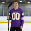 Custom Purple - White - Gold Triple Stripes Hockey Jersey – worn by a man