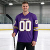 Custom Purple - White - Old Gold Triple Stripes Hockey Jersey – worn by a man