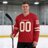 Custom Red - Cream Triple Stripes Hockey Jersey – worn by a man