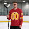 Custom Red - Gold - White Triple Stripes Hockey Jersey – worn by a man