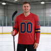 Custom Red - Navy - Old Gold Triple Stripes Hockey Jersey – worn by a man
