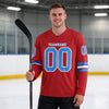 Custom Red - Powder Blue - White Triple Stripes Hockey Jersey – worn by a man