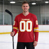 Custom Red - White - Gold Triple Stripes Hockey Jersey – worn by a man