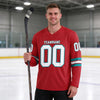 Custom Red - White - Teal Triple Stripes Hockey Jersey – worn by a man