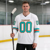 Custom White - Aqua - Orange Triple Stripes Hockey Jersey – worn by a man