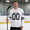 Custom White - Black Triple Stripes Hockey Jersey – worn by a man
