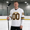 Custom White - Brown - Gold Triple Stripes Hockey Jersey – worn by a man