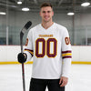 Custom White - Burgundy - Gold Triple Stripes Hockey Jersey – worn by a man