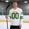 Custom White - Kelly Green - Gold Triple Stripes Hockey Jersey – worn by a man