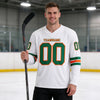 Custom White - Kelly Green - Orange Triple Stripes Hockey Jersey – worn by a man