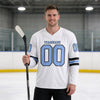 Custom White - Light Blue - Black Triple Stripes Hockey Jersey – worn by a man