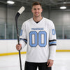 Custom White - Light Blue - Steel Gray Triple Stripes Hockey Jersey – worn by a man