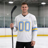 Custom White - Light Blue - Yellow Triple Stripes Hockey Jersey – worn by a man