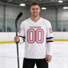 Custom White - Medium Pink - Black Triple Stripes Hockey Jersey – worn by a man