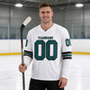 Custom White - Midnight Green - Black Triple Stripes Hockey Jersey – worn by a man