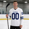 Custom White - Navy - Light Blue Triple Stripes Hockey Jersey – worn by a man