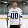 Custom White - Navy Triple Stripes Hockey Jersey – worn by a man
