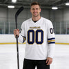 Custom White - Navy - Old Gold Triple Stripes Hockey Jersey – worn by a man