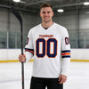 Custom White - Navy - Orange Triple Stripes Hockey Jersey – worn by a man