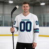 Custom White - Navy - Teal Triple Stripes Hockey Jersey – worn by a man