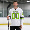 Custom White - Neon Green - Black Triple Stripes Hockey Jersey – worn by a man