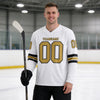 Custom White - Old Gold - Black Triple Stripes Hockey Jersey – worn by a man