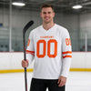 Custom White - Orange Triple Stripes Hockey Jersey – worn by a man