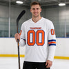 Custom White - Orange - Royal Triple Stripes Hockey Jersey – worn by a man