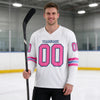 Custom White - Pink - Black - Light Blue Triple Stripes Hockey Jersey – worn by a man