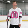 Custom White - Pink - Black Triple Stripes Hockey Jersey – worn by a man