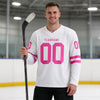 Custom White - Pink Triple Stripes Hockey Jersey – worn by a man