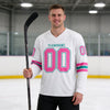 Custom White - Pink - Teal Triple Stripes Hockey Jersey – worn by a man