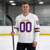 Custom White - Purple - Gold Triple Stripes Hockey Jersey – worn by a man